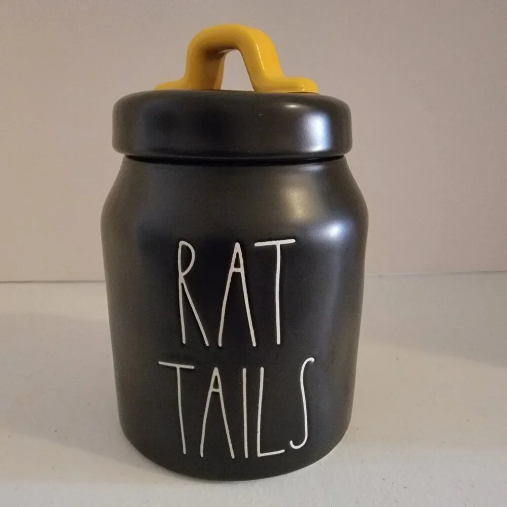 Rae Dunn RAT TAILS Halloween Black Canister Yellow Lid Spooky Witch Potion Jar